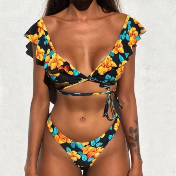 New Floral Wrap Around Top High Leg Bottom Bikini Set - Picture 3 of 6